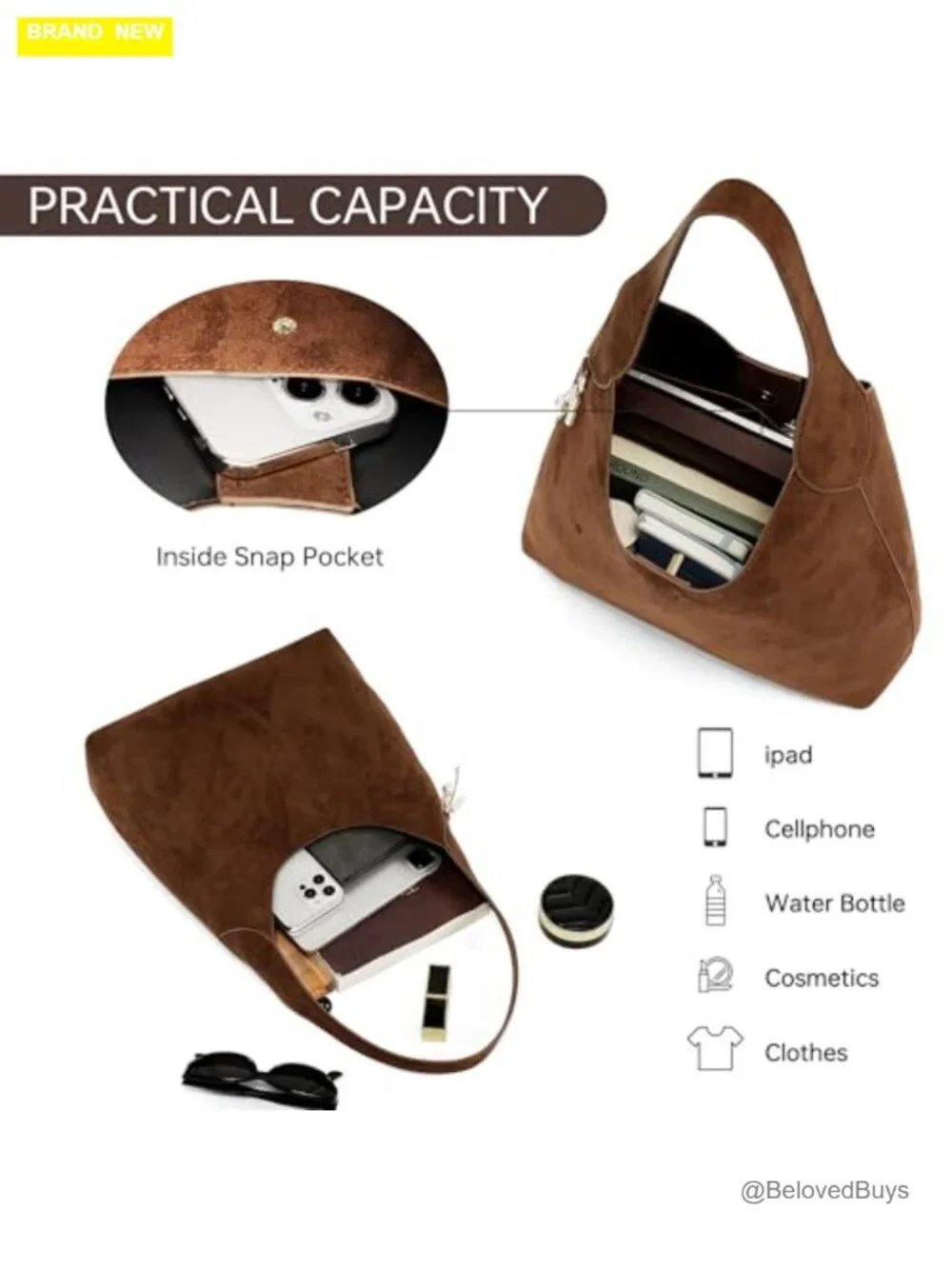 Vintage Brown Suede Hobo Bag Soft Handle Tote Shoulder Bag Minimalist Shoulder